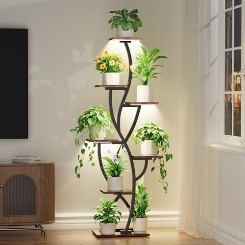 Pflanzenregal mit Wachstumslicht - 7 Ebenen Blumenständer 147cm Metall Holz Pflanzenständer - Innen & Außen Blumentreppe - Dekoratives Schwarz Blumenregal für Indoor Garten Balkon