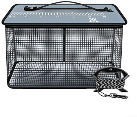 Tidgel Fishing Keepnet with Measuring Lid, Foldable Nylon Mesh Basket for Sea Rock for KAYAK Fishing, Fast Drying Float Design 45x26x26cm