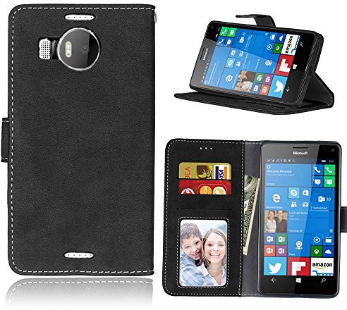 Lumia 950 XL (5.7 inch) Coque, SATURCASE Rétro Givré PU Cuir Magnétique Flip Portefeuille Support Porte-Carte Coque Housse Étui pour Nokia/Microsoft Lumia 950 XL (5.7 inch) (Noir)