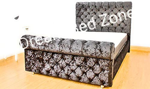 CHESTERFIELD Classy Modern Bed Frame Sleigh Style Fully Upholstered Designer bed in Crushed Velvet or Chenille Fabric (4FT 6'' Double, Crushed Velvet-GREY)