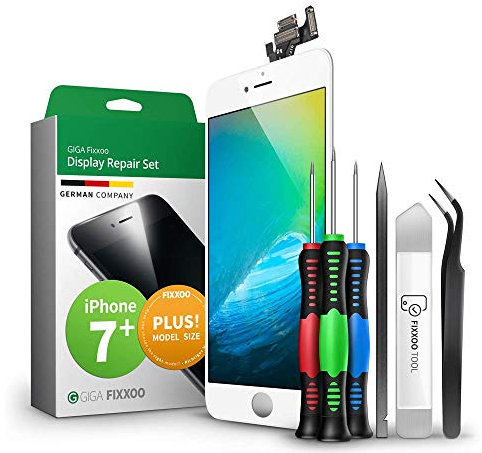 GIGA Fixxoo Display Set kompatibel mit iPhone 7 Plus, Reparaturset Komplett Weiß, Ersatz Bildschirm, Retina LCD Glas mit Touchscreen, inkl. integrierte Frontkamera & Werkzeug