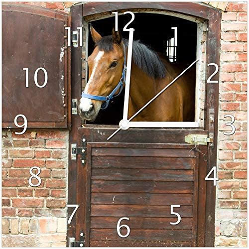 Wallario Design-Wanduhr Pferd im Stall aus Glas, Motiv-Uhr Größe 30 x 30 cm, weiße Zeiger