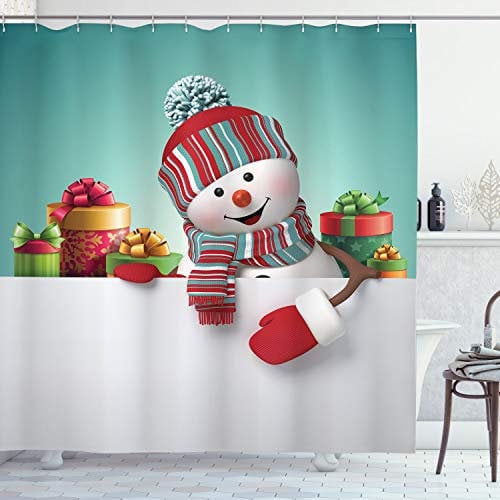ABAKUHAUS Weihnachten Duschvorhang, Schneemann und Boxen, Stoffliches Gewebe Badezimmerdekorationsset mit Haken, 175 x 200 cm, Kadett Blau Rot