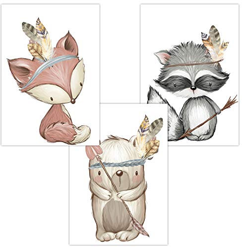 Olgs Kinderzimmer 3er Bilder Set | Deko Poster | Mädchen Junge Wandposter DIN A4 | Wanddeko für Babyzimmer Dekoration | Wandbilder Tiere Fuchs Waschbär Bär Waldtiere Boho