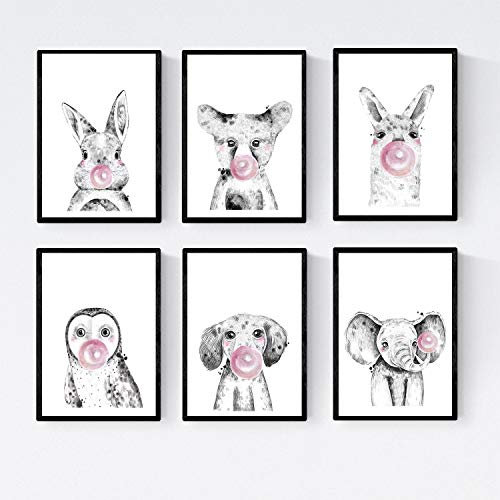 6. September Poster Babytiere mit Bubblegum. Fox Owl Deer Kuh Schwein Perro.Tamaño A4
