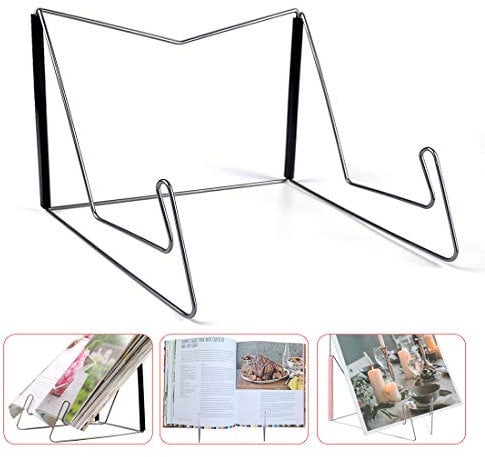 Fold-n-Stow Book Stand, Metal Bookstand Music Book Easel Display Holder, Portable Reading Stand, Bookrest for Hardcover Textbook iPad Cookbook Recipe - Compact & Sturdy (1 Pc)