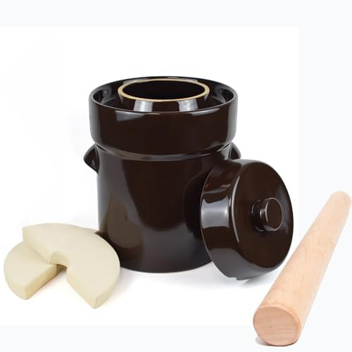Gärtopf 5 Liter Steingut Topf zum Fermentieren von Kimchi, Sauerkraut, Gurken, Gemüse, Kombucha, glasierter Keramik-Fermenter mit Gewichten, Deckel und Gurkenstopfer
