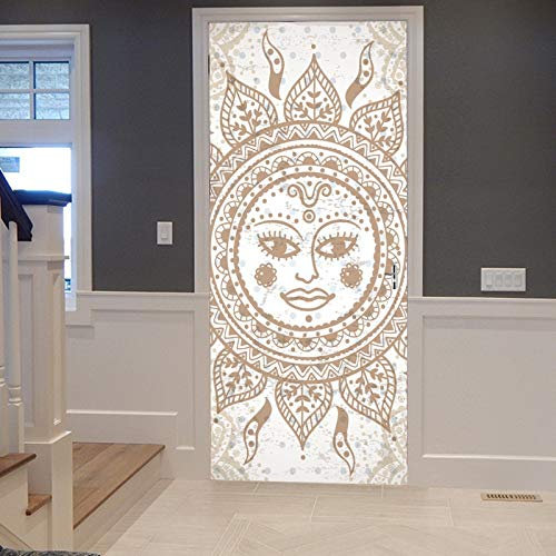 A.Monamour Türtapete Selbstklebend Türfolie Türposter 3D Stamm Ethnischer Sonnengesicht Abstrakter Mandala Weinlese Hintergrund Vinyl Folie Türdeko Tapete Wandbild Türaufkleber Türtattoo 83 x 204 cm