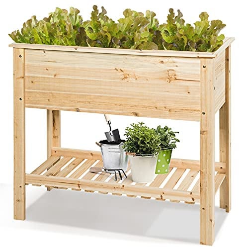 COSTWAY Hochbeet mit Ablage, Pflanzkübel Holz Pflanzkasten Blumenbeet Kräuterbeet Pflanztrog, Pflanzbeet groß Anzuchtbeet im Garten Balkon (92 x 41 x 81 cm)