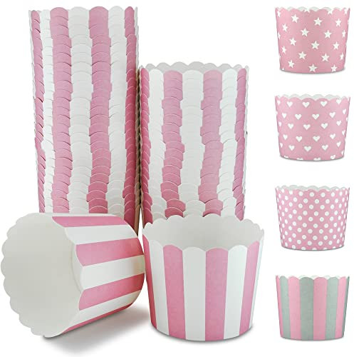 Frau WunderVoll® 100 Muffin Backformen, rosa- weiße Streifen, Durchmesser 6,1 cm/Muffinbackform, Muffinform, Cupcakeformen, Backförmchen, Cupcake Formen, Muffin Förmchen Papier