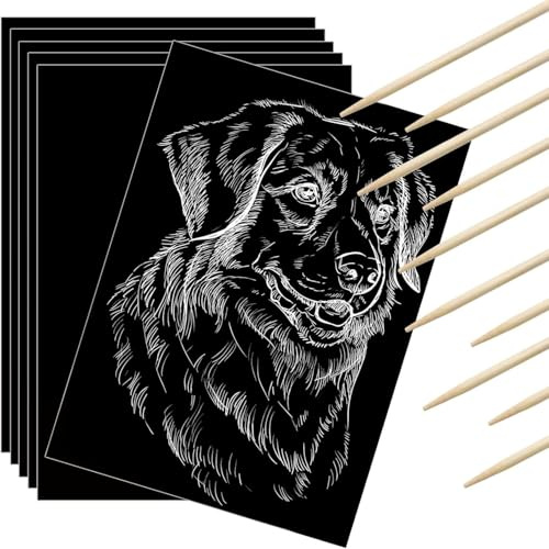 Gersoniel 25 Pieces Scratch Paper Art Set Craft Kits Black Coated Scratchboard Black Scratch Off Paper with Wooden Stylus for Valentine Gifts Birthday Party Supplies