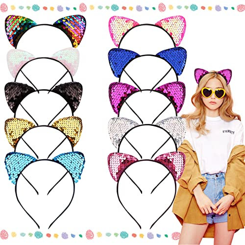 Zeaying 10 Stück Pailletten Katze Stirnband, Katzenohren Stirnband, Pailletten-katzenohren Haarschmuck, Pailletten-haarband, Haarreifen Mit Katzenohren für Frauen Mädchen Alltag und Party Dekoration
