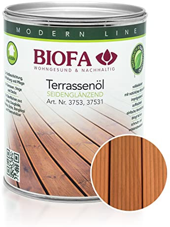 BIOFA Terrassenöl farbig 37531 Pflegeöl für Holzterrassen und Terrassen-Dielen aus Holz – Öl aus natürlichen Rohstoffen - Außenbereich (1L, Teak)