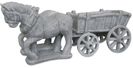 gartendekoparadies.de Pferdegespann Kutsche als Pflanztrog Pflanzgefäß aus Steinguss, Grau, Frostsicher für Außenbereich, H. 53 cm, 20 Liter, 180 kg