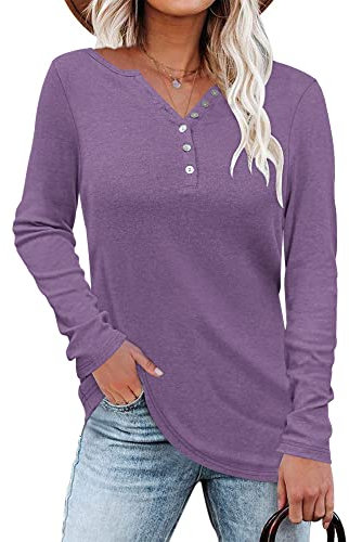 WNEEDU Camiseta Manga Larga Mujer Jersey Ligera Henley Camisas Cuello V Casual Blusa con Botones