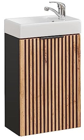 Lomadox Waschtisch 41x66x22 cm klein Gäste WC Bad Unterschrank mit Waschbecken Keramik anthrazit mit Eiche Nb. schwarz gerillt