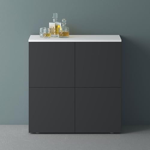 Mai & Mai Meuble de Rangement avec 4 Portes et 4 Compartiments Casier de Rangement Polyvalent Buffet Blanc Mat + Gris Noir Mat 76x36,4x74 cm SR04