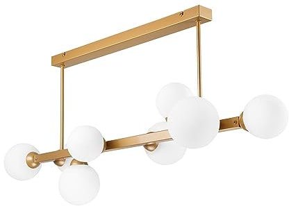 Licht-Erlebnisse Deckenlampe Glas Metall Modern 102 cm lang in Gold Weiß 8-flammig G9 Kugel Schirme Wohnzimmer Esszimmer Deckenleuchte