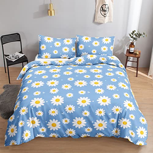 HOSIMA Bettwäsche-Set mit Gänseblümchen-Motiv, Bettbezug für Erwachsene, Jungen und Mädchen, blau-weißer Gänseblümchen-Druck, Bettbezug mit Kissenbezügen (Daisy S)