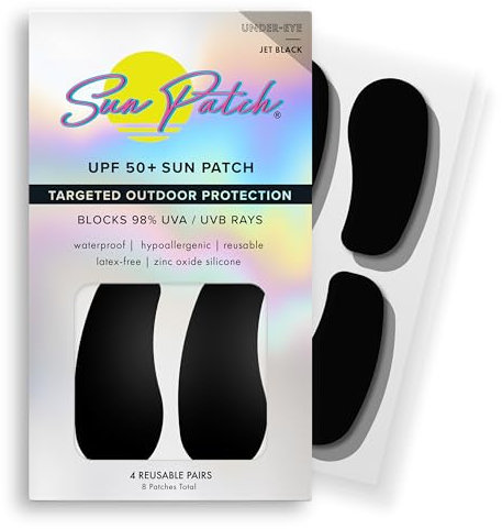 Sun Patch Hypoallergenic Sun-Screen Under Eye Patches, 100% Silicone UPF-50 UV Protection, Reusable, 1 Pack/4 Pairs, Black
