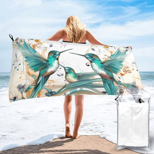 UPGENT Blaugrün Vögel Musiknote gedruckt Mikrofaser Badetuch 140 x 70 cm – schnell trocknende und saugfähige Strandtücher für Reisen, Strand, Yoga und Fitnessstudio