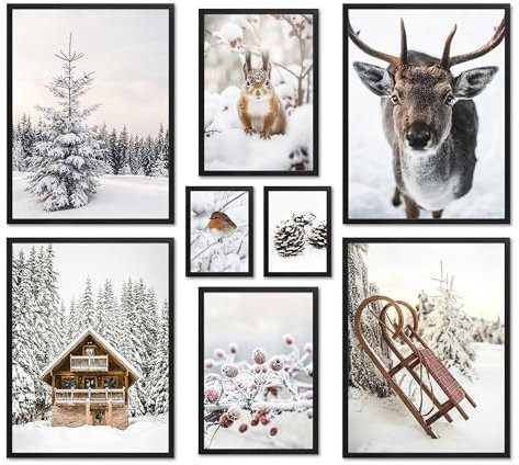ARTFAVES® Poster Set - WINTER WONDERLAND - mehrteilige Wanddeko Wohnzimmer & Schlafzimmer - 8 moderne Wandbilder Weihnachten, Schnee, Reh, Schlitten, Natur - mit Rahmen Schwarz