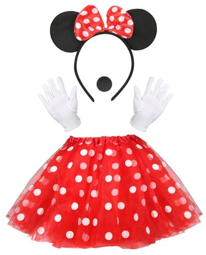 MIVORA Maus Mouse Kostüm Damen, Ballettkleider Haarreifen Handschuhe Nase, Tutu Damen mit Weiß Gepunktet, Kinder Tüll Kleid für Karneval Cosplay Fasching Halloween Party (Rot)