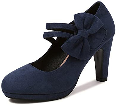 elerhythm Mary Jane - Scarpe da donna con tacco con fiocco, stile retrò, chiuse, punta rotonda, in pelle scamosciata, chic, vintage, stile Gatsby, blu navy, 39.5 EU