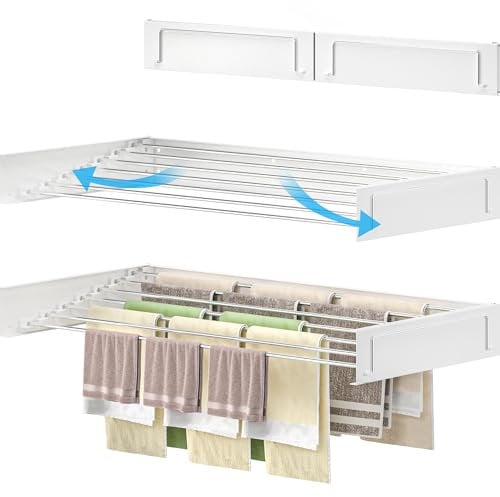 homeart Wall Mounted Drying Rack - Retractable, Space Saving, Durable Clothes Dryer - 50 Kg Capacity, Easy to Install, Collapsible Drying Rack for Indoor & Outdoor Use - White, 120cm