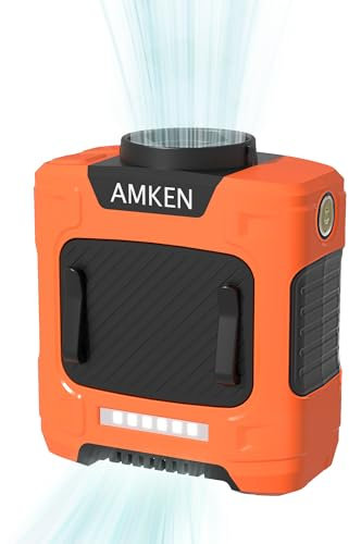 AMKEN Ventilador de cintura con clip de 3 velocidades, flujo de aire fuerte de 16000 rpm, batería recargable de 24 horas (10000 mAh), LED SOS y luz roja y azul, refrigeración portátil para lugar de