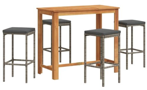 vidaXL Gartenbar Set 5-TLG., Bar Tresen Theke Bartisch Barhocker, Barset Sitzgruppe für Garten Terrasse, Gartentheke Gartenmöbel, Grau Massivholz Akazie Poly Rattan