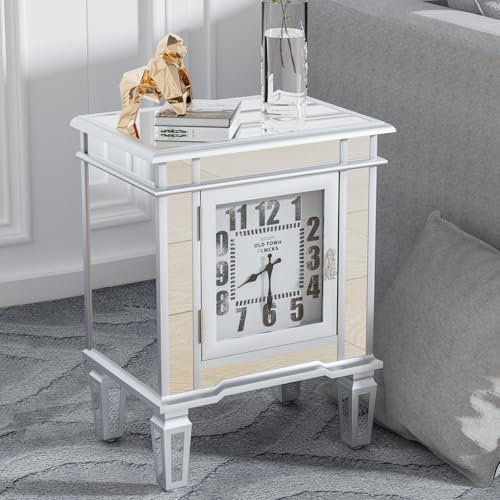 Artloge Beistelltisch Spiegelglas Nachtschrank mit Uhr, Sofatisch Silber Wohnzimmertisch mit Stauraum Nachttisch Rechteckig Telefontisch Schrank Ablagetisch Abstelltisch Skandinavisch 48×33×63.5 cm