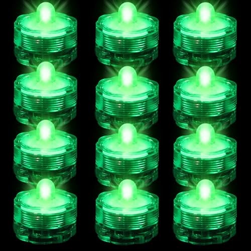 Bougies chauffe-plat à LED sans flamme modifiables, lot de 12 mini lampes sous-marines avec piles, éclairage LED étanche pour étang, piscine, fête, mariage, jardin - Vert