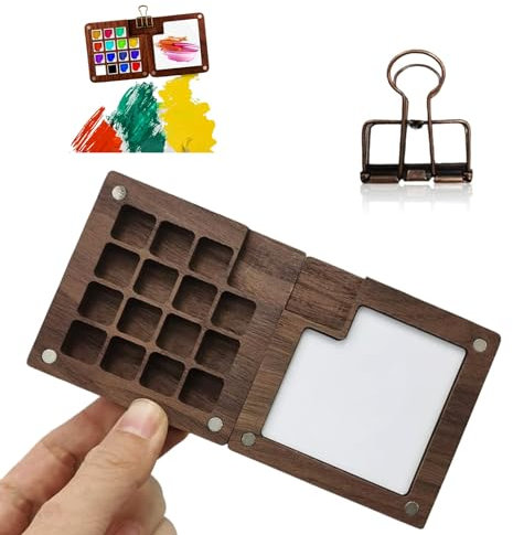 HJIAMA Mini Palette D'aquarelle Portable, 2 en 1 Palette de Peinture de Voyage, Noyer Mini Palette de Peinture Couleur Bois, avec Clip, Palette, Outils Peinture, pour Écoles, Amateurs Peinture