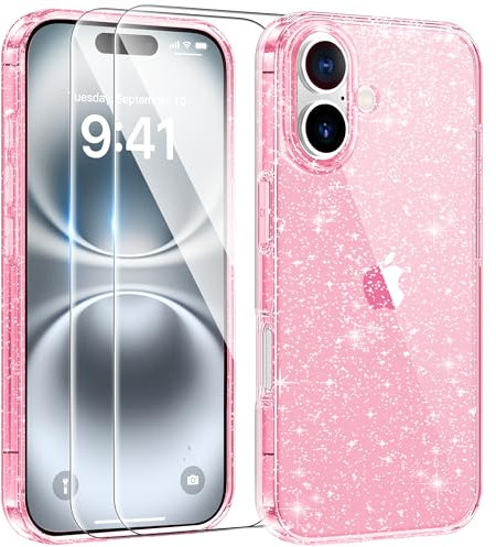 AROYI 3 in 1 Clear Glitter Case Compatible with iPhone 16 Case with 2 Tempered Glass Screen Protector, Soft Bumper Anti-Scratch Sparkle Bling Women Girls Phone Case for iPhone 16 6.1, Pink