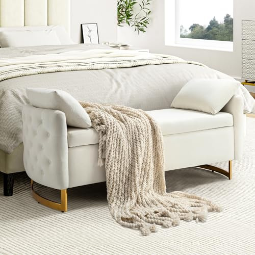 HULALA HOME Large Storage Bench with Metal Base for End of Bed, Ivory | 149 cm Upholstered Ottoman Bench with Flip-Top Storage, Foam Cushion and 2 Pillows for Bedroom, Entryway, Living Room