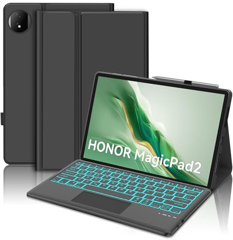 Keyboard Case with Touchpad for Honor MagicPad 2 12.3, Wireless Detachable Bluetooth Trackpad Keyboard with 7 colors Backlit and Stand Cover for HONOR MagicPad 2 12.3-inch 2024 Tablet, Black