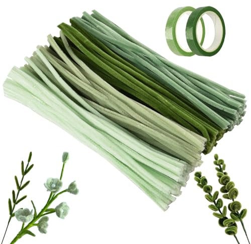 Joyblossom 200 Stück Pfeifenputzer zum Basteln, Pfeifenreiniger Set, Pfeifenreiniger zum Basteln, 4 Verschiedene Grün, mit 2 Floristenbands für Kreative DIY-Projekte und Dekorationen, Grün
