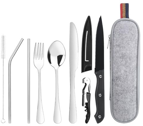 Reisebesteck Camping Besteck To Go, 9-Teilig Edelstahl Besteck mit Bestecktasche, Tragbare Campingbesteck, Camping Cutlery Set, (Silber)