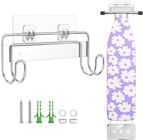 Soporte para Tabla de Planchar, Almacenamiento para Tabla de Planchar, Colgador de Pared para Tabla de Planchar, Percha de Acero Inoxidable, Gancho Ppra Tabla de Planchar para Pared o Puerta Plateado