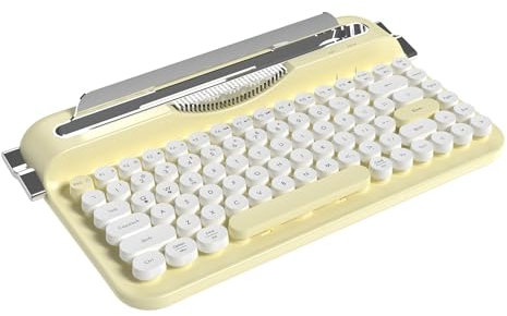AJAZZ AF84 Wireless Typewriter Keyboard, Cute Retro Aesthetic Design with Integrated Stand for Tablet, Phone, Mixed color Retro Round Keycaps, 2.4Ghz Wireless/Bluetooth for Table,/PC/Win/Mac (Yellow)
