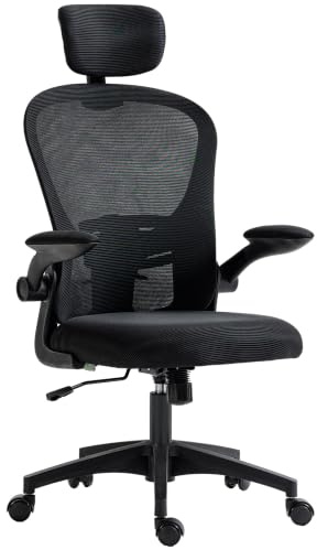 Vinsetto Office Chair with Adjustable Headrest 4D Lumbar Support Black | Ergonomic Desk Chair, Padded Flip-up Armrests, High Back Computer Comfy Seat, for Home Office