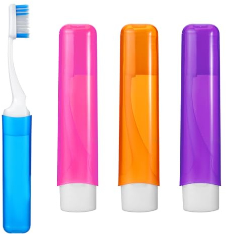 Prasacco 4 Stück Reisezahnbürste Klappbar, Tragbare Weiche Zahnbürste für Erwachsene und Kinder Faltbare Staubdichte Zahnbürste für Reisen, Camping, Geschäftsreise (Blau, Rosa, Lila, Orange)