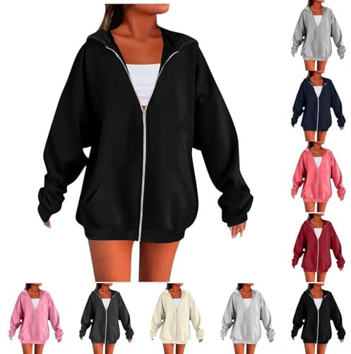 Couawaticy womens jacket Zip Up Hoodie Women, Hoodies for Women UK, Ladies Jackets Full Zip Oversized Long Sleeve Sweatshirts Top Zipper Hooded Sweatshirt Lightweight Coat With Pockets Black L