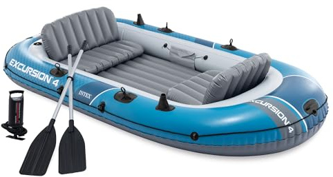 INTEX 66324EP Excursion 4 Inflatable Boat Set: Includes Deluxe 54in Aluminum Oars and High-Output Pump – Adjustable Seats with Backrest – Fishing Rod Holders – 4-Person – 1100lb Weight Capacity