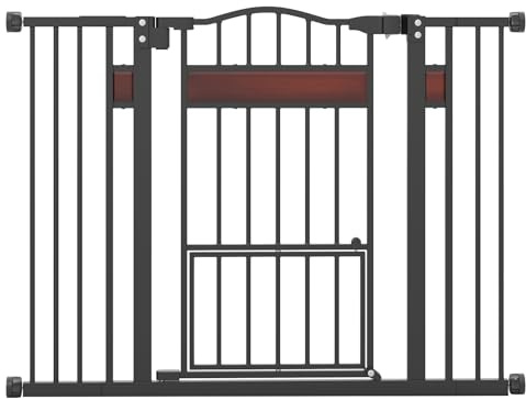 COSTWAY Cancelletto per Cani per Aperture 74-104 cm, Nero | Cancello per Cani con Porta Piccola, 2 Estensioni e Doppio Blocco, Cancelletto in Metallo per Cucina, Scale e Soggiorno
