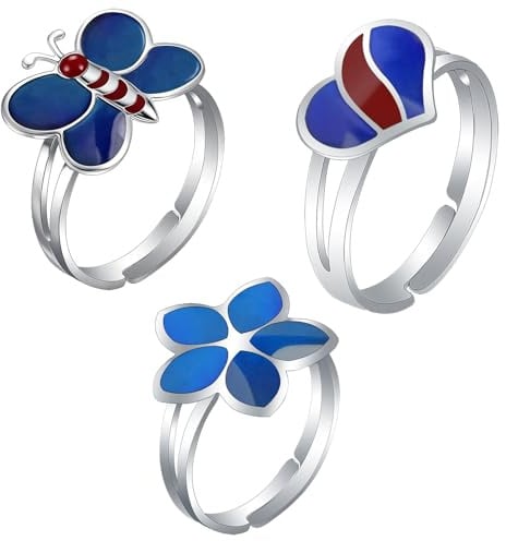 Set 3 anelli dell'umore bambini - Anelli cambiacolore (farfalla, cuore, fiore) - Gioielli regolabili per bambine