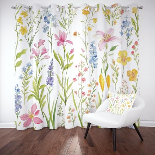 Blumenwiese Vorhange Blickdicht 2er Set, Pflanzenmuster Gardinen mit Ösen | Frühling Bunt Wildblumen Verdunklungsvorhänge 90 cm Lang 65 Breit Thermovorhang Wohnzimmer Schlafzimmer