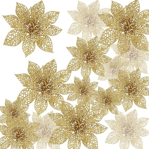 EnixwH 24 Stück Blumen Weihnachtsbaum, Blumen für Weihnachtsbaum Glitzer | Weinachtsdekorationen Baum Künstlich Weihnachtsblumen Künstlich für Hochzeit Party Neujahr Wohndeko (Gold)