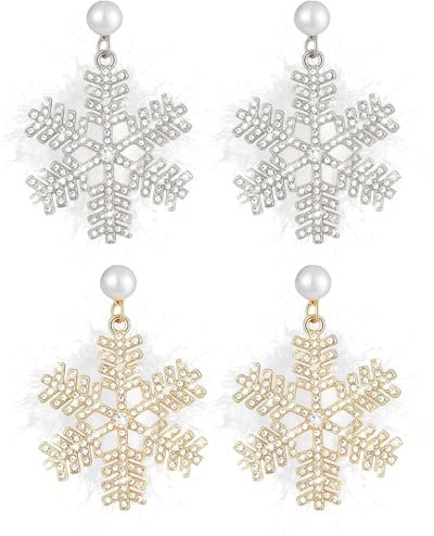 LuLiyLdJ 2 Paare schneeflocken ohrringe, Ohrringe weihnachten, Weihnachtsohrringe damen, Gold + Silber